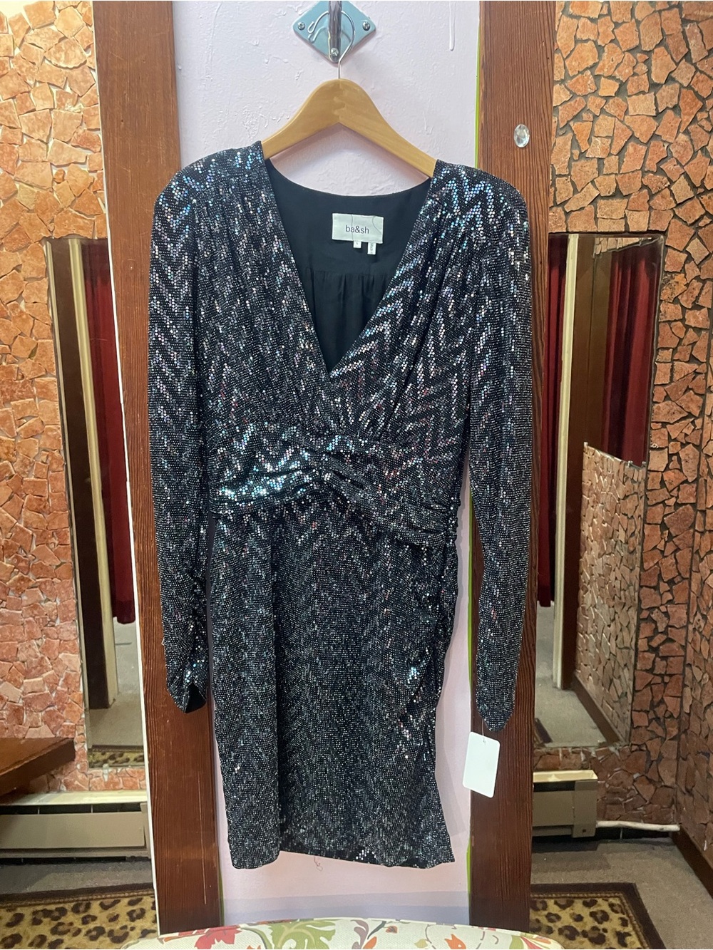 ba&sh Black Sequin Wrap-Style Long Sleeve Dress